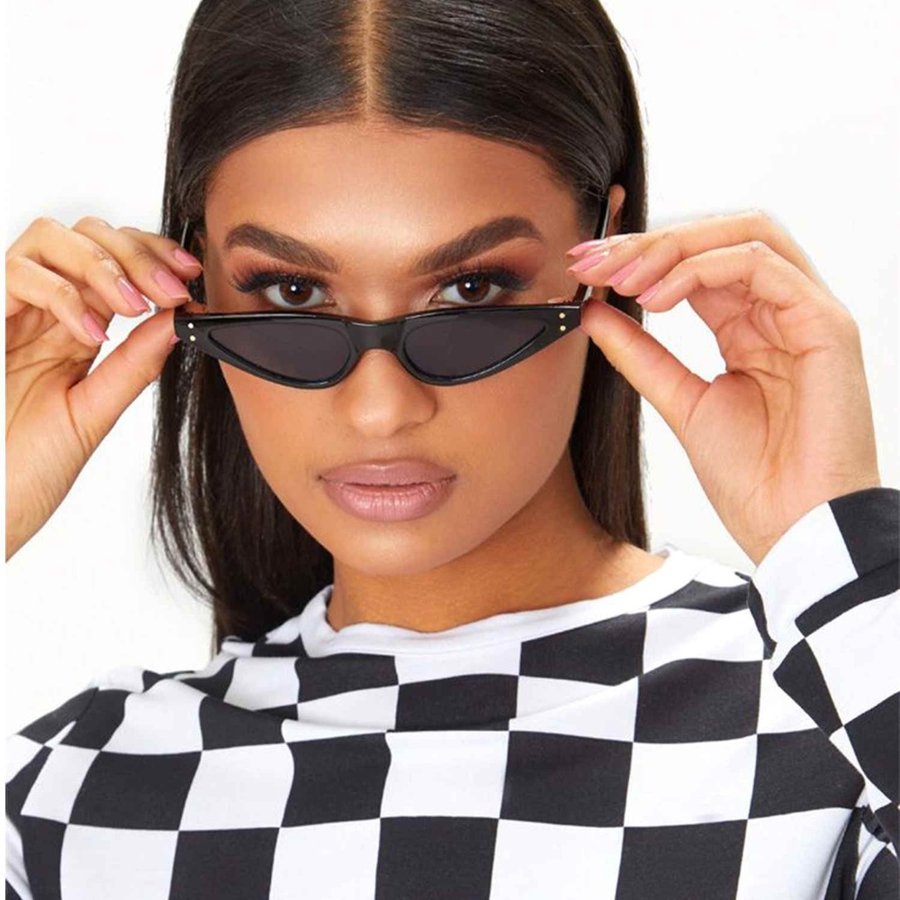 Small Skinny Cat Eye Women Sunglasses Black Lens